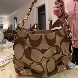 Coach Carly 10619 Large Signature Shoulder Hobo Bag Khaki Brown Leather